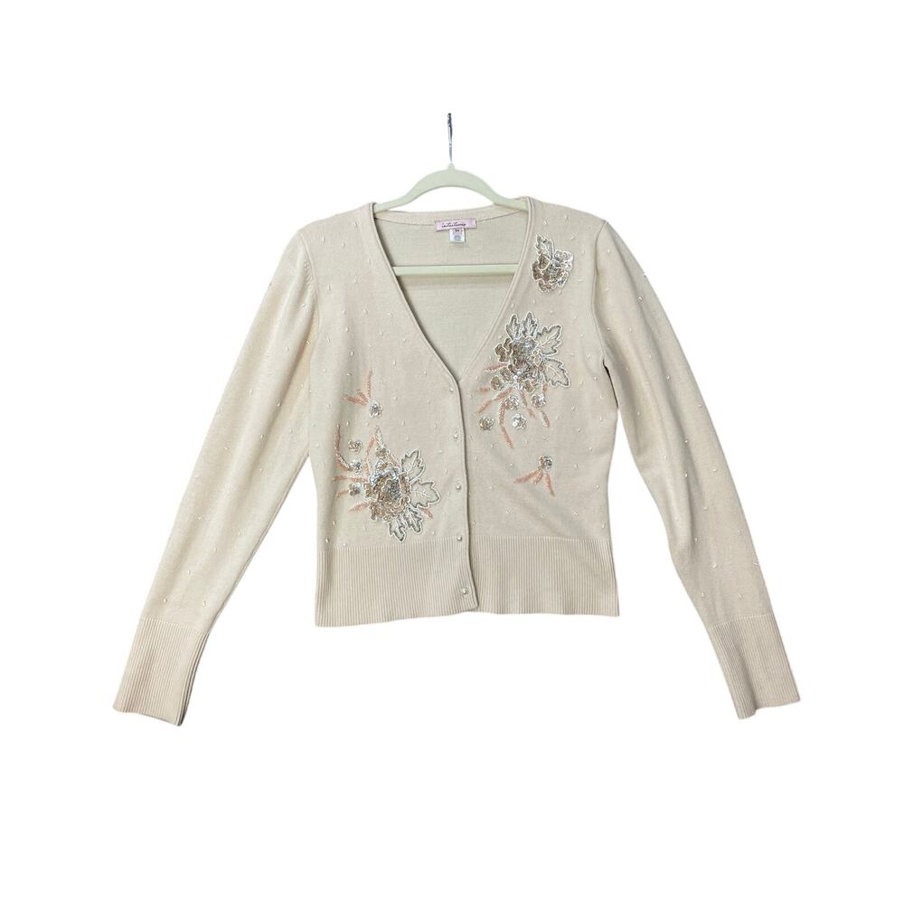 Intuitions Silk Beaded Floral Embroidered Cardigan Sweater Lightweight Medium